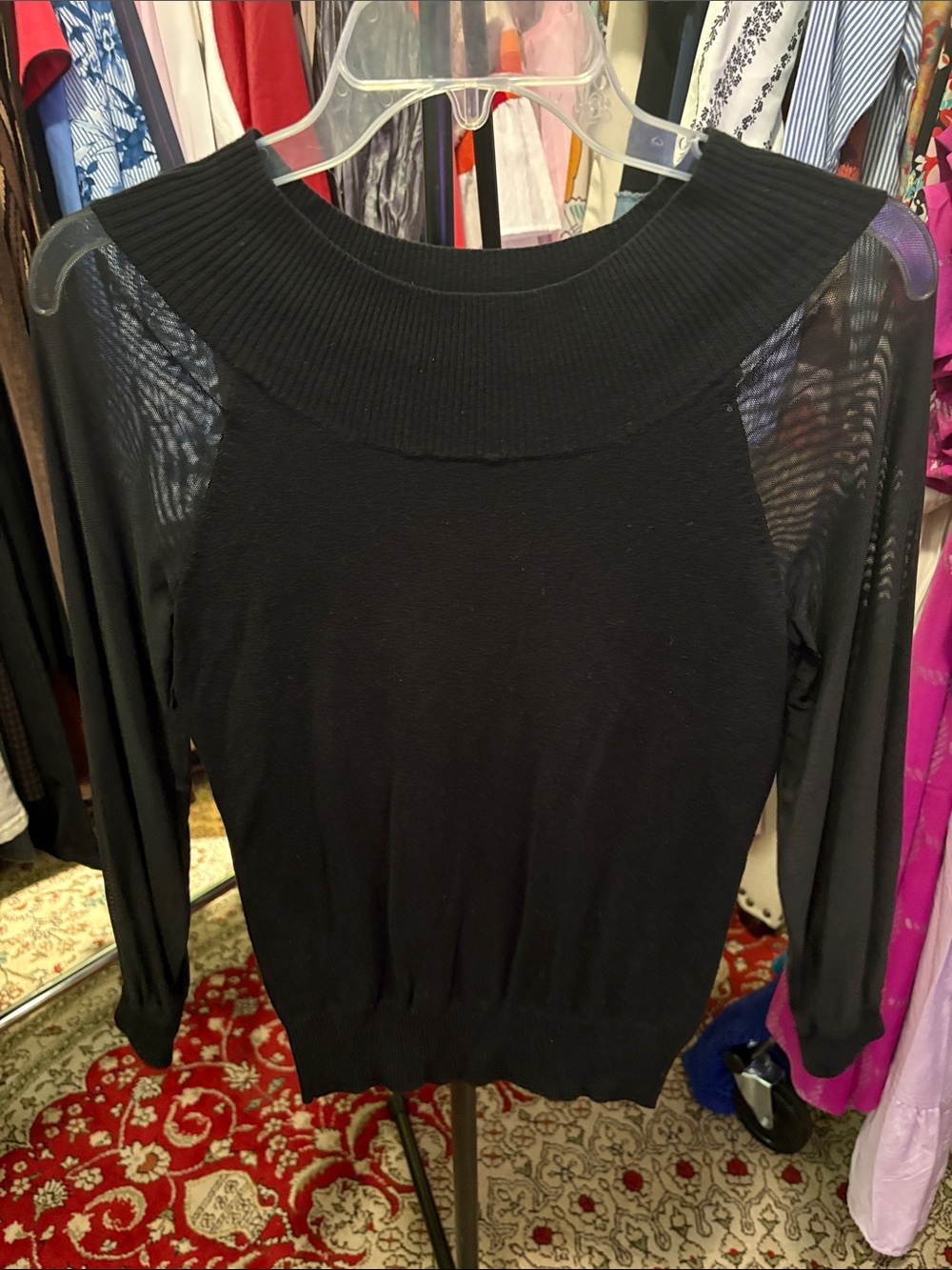 Joseph A Black Mesh-Sleeve Sweater Top